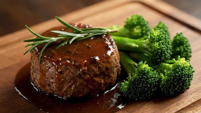Filet Mignon with Broccoli - Close-up shot of a filet mignon with brown gravy and a sprig of rosemary, served alongside cooked broccoli florets on a wooden board.