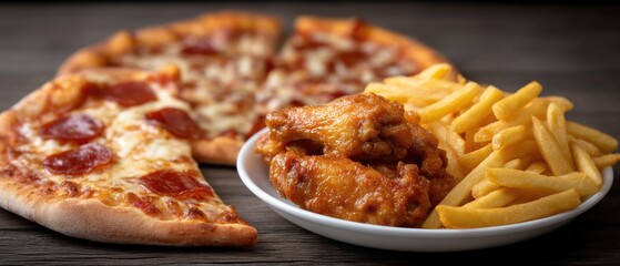 Delicious pepperoni pizza sits on a plate alongside crispy fries and tasty chicken wings, perfect for a casual meal or gathering