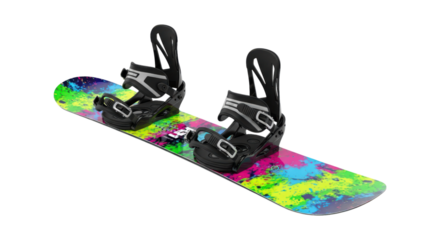 Colorful snowboard with bindings on transparent background