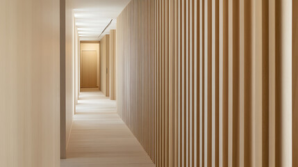 Fototapeta premium Modern hallway with light wood paneling and flooring creates a minimalist, serene and inviting atmosphere. Clean lines and neutral tones enhance the contemporary design.
