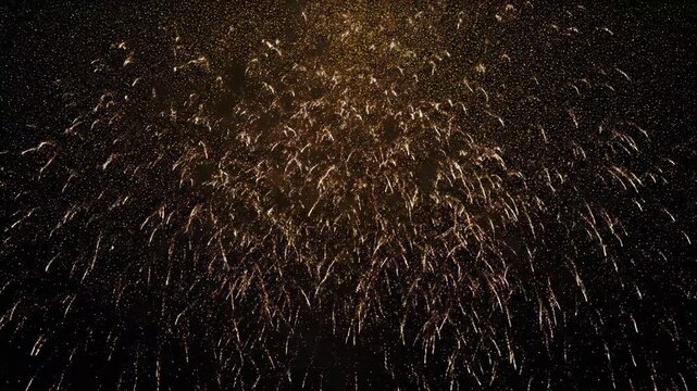 Golden Fireworks Display at Night - This video shows a vibrant display of golden fireworks exploding against a dark night sky.