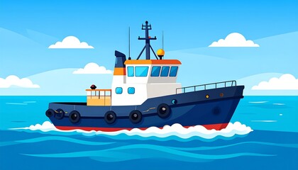 Flat illustration of a tugboat on a bright blue sea