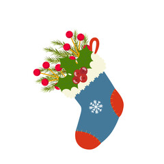 Christmas stocking with holly leaves berries and pine branches festive winter decoration for holiday design