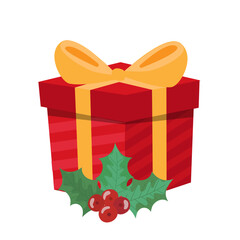Red christmas gift box with golden ribbon and holly leaves festive present illustration for holiday design