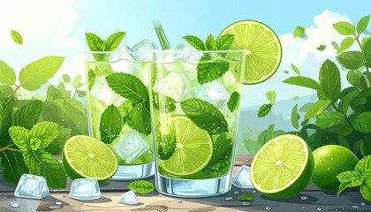 Two Mojitos in glasses, garnished with fresh limes and mint