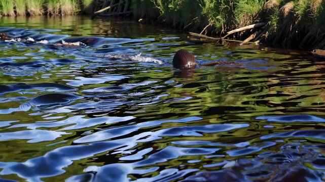 Wide-angle video shot of a serene riverbank with lush greenery and a beaver swimming, capturing a peaceful nature scene from a low perspective.