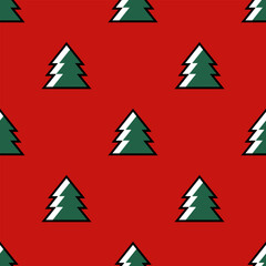 Christmas seamless pattern on a red background. Trendy Christmas and New Year background with minimalist fir trees for cute textile prints, gift wrapping paper, wallpaper, greeting cards