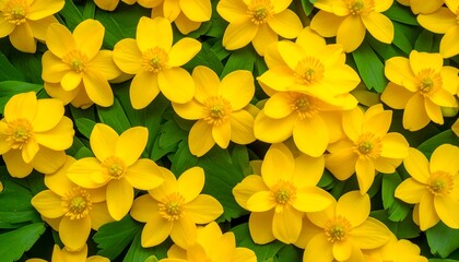Close-up view of many small, bright yellow flowers with green foliage