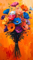 Vibrant bouquet of cosmos flowers against an orange-yellow backdrop