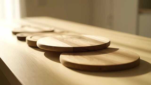 Wooden Coasters on Table - A close-up shot displays a row of round wooden coasters varying in size, placed on a light-colored wooden table.