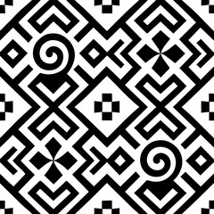 Intricate black and white geometric pattern with spiral motifs