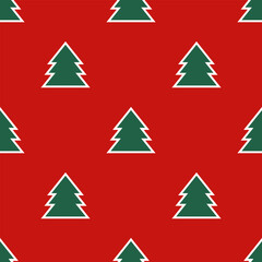 Seamless Christmas pattern on a red background. Minimalist Christmas and New Year background with cute fir trees for textile prints, gift wrapping paper, wallpaper, greeting cards