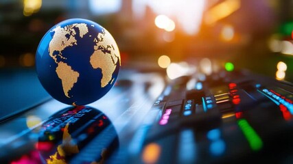 Global Financial Network: A miniature globe rests on the forefront of an array of financial data indicators. The image represents global economics and international business and finance. - Powered by Adobe