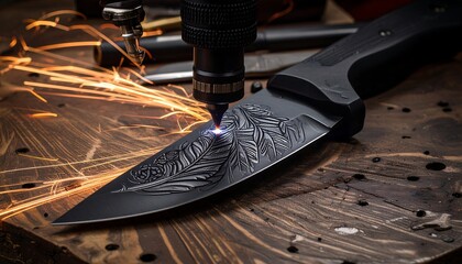 Laser engraving a knife blade with intricate feather design.  Sparks fly from the laser