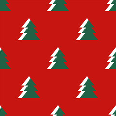 Minimalist Christmas trees seamless pattern on a red background. Cute background for Christmas and New Year with geometric fir trees in Scandinavian style for a wallpaper, textile, gift wrapping paper