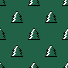 Christmas seamless pattern on a green background. Geometric background with cute minimalist Christmas trees for textile prints, gift wrapping paper, wallpaper, greeting cards