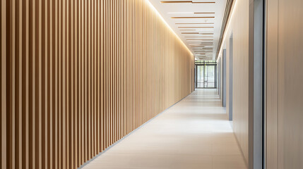 Modern building hallway with wood panels and bright lighting, creating an inviting and contemporary space for movement and access.