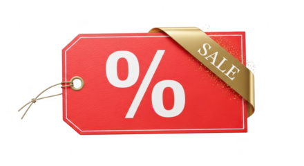 Red sale tag isolated on transparent background with gold ribbon, perfect for advertising discounts, promotions, and special offers in retail and ecommerce campaigns