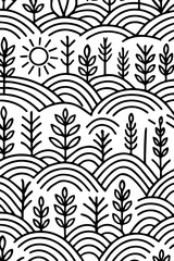 Whimsical black and white landscape with sun and trees