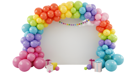 Pastel arch balloon frame around a pink foam block — festive party backdrop