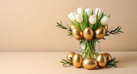 Still life with white tulips golden eggs and greenery in glass vase