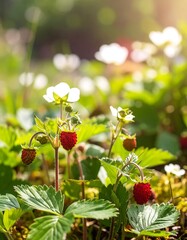 Wild strawberries in sunlight. Lush green foliage surrounds clusters of red berries and white blossoms