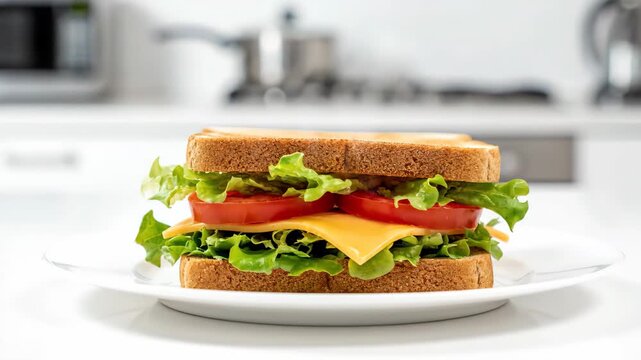 Classic Sandwich on White Plate - A close-up shows a freshly made sandwich layered with cheese, tomatoes, and crisp lettuce between two slices of toasted bread.