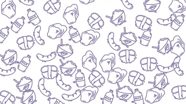Doodle food pattern showcases milk, bread, sushi, sausage, and vegan bowls in a cheerful repeat. Suitable for foodthemed designs.