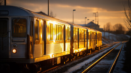 Fototapeta premium Golden train on tracks at sunset