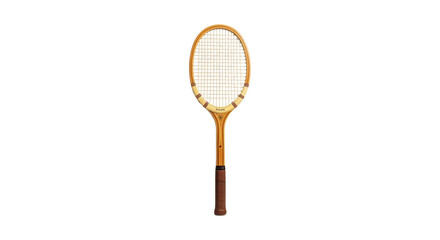 Vintage wooden tennis racket with brown leather grip and classic design