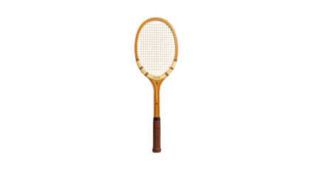 Vintage wooden tennis racket with brown leather grip and classic design