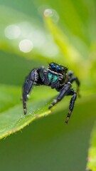 Close-up of a jumping spider on a leaf.  A small, black jumping spider with turquoise accents is centered on a vibrant green leaf.  Shallow depth of field isolates the spider