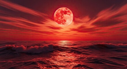 Dramatic blood moon ascends over a turbulent ocean at twilight