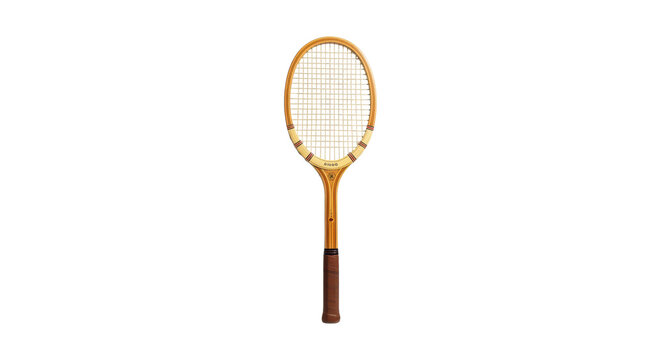 Vintage wooden tennis racket with brown leather grip and classic design