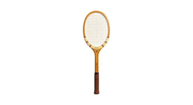 Vintage wooden tennis racket with brown leather grip and classic design