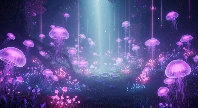 Enchanting bioluminescent jellyfish drift through a mystical forest - Powered by Adobe