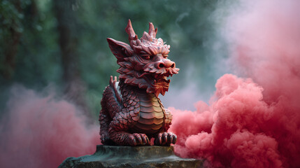 Dragon statue in intricate style in red and pink colors for decoration