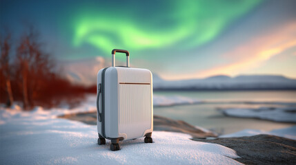 Suitcase in snowy landscape with aurora lights