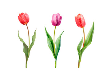Watercolor tulip flowers set. Red and pink tulips with green leaves. Spring floral clipart isolated on white