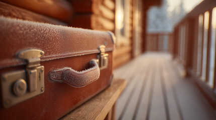 Frosty brown suitcase in vintage style in warm tones for travel