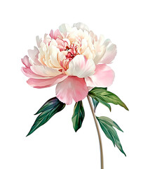 Watercolor pink and white peony flower with leaves, elegant botanical illustration isolated on white
