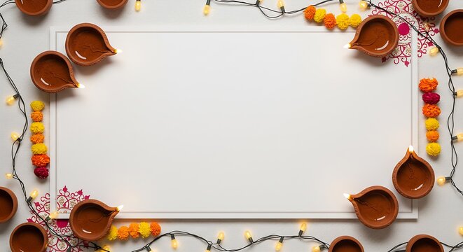 Warm Diwali celebration border with lit diyas, vibrant marigold garlands, and festive string lights framing a blank space for your message