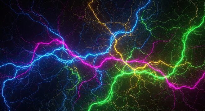 Vibrant neon lightning strikes illuminate dark sky with electric