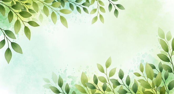 Vibrant green leaves frame a soft pastel background evoking natural