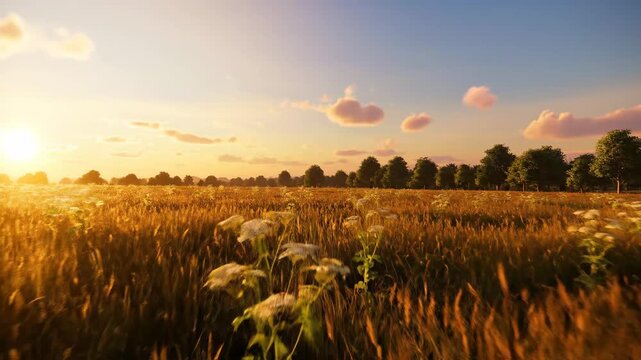 Golden Wheat Field at Sunset - A tranquil landscape featuring a golden wheat field at sunset. The warm light casts long shadows, highlighting the texture of the wheat and the rows of trees on the