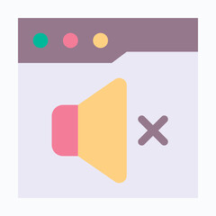 Mute Speaker Icon in Browser Interface, Isolated Vector Flat Style Icon. 