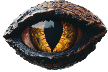 Close-up of a detailed monster eye with unique texture and vibrant colors showing intricate patterns and depth, isolated against a plain background emphasizing its striking features