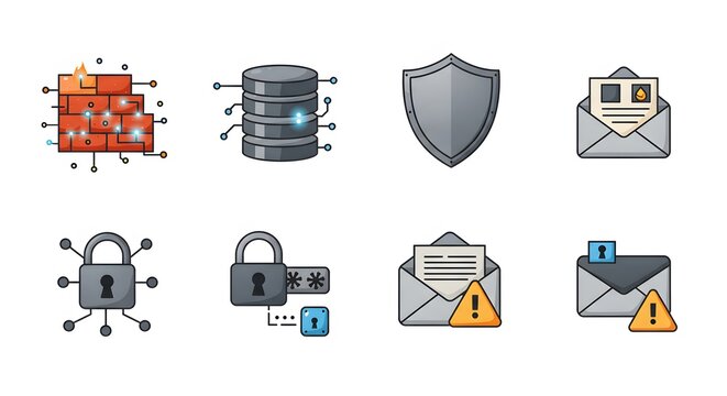 Collection of cybersecurity icons including firewall, database, shield, padlock, and email alert symbols.