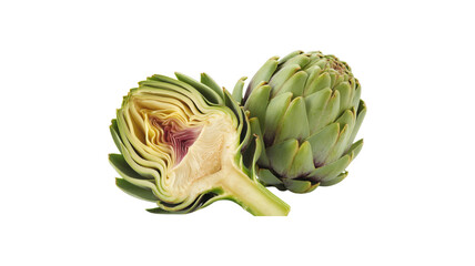 Obraz premium Two Artichokes One Cut Open isolated on a transparent background