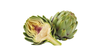 Two Artichokes One Cut Open isolated on a transparent background